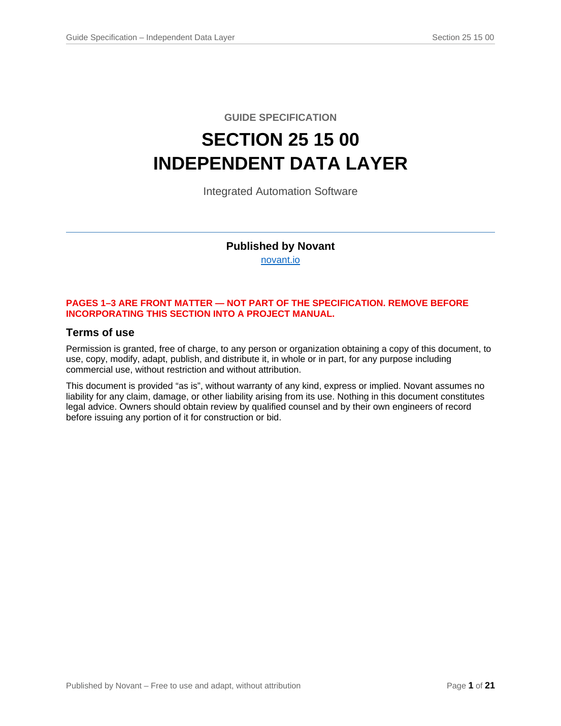 Guide specification: Section 25 15 00, Independent Data Layer, published by Novant